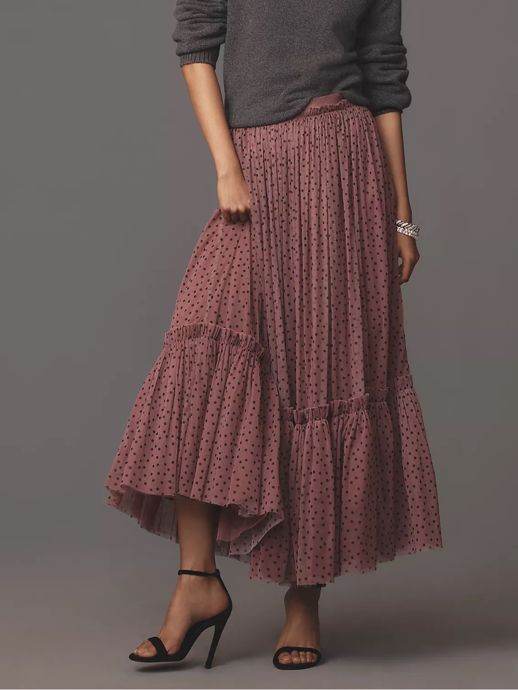 By Anthropologie Mauve Tiered Polka Dot Tulle Maxi Skirt